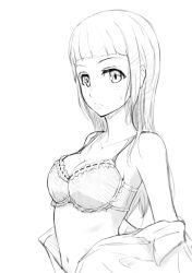 Rule 34 | 1girl, :s, bare shoulders, blunt bangs, blush, bra, breasts, closed mouth, from side, greyscale, hi iro, long hair, looking at viewer, medium breasts, monochrome, navel, original, simple background, solo, sweatdrop, underwear, undressing, upper body, white background