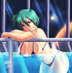 Rule 34 | 1girl, absurdres, against glass, arm support, artist name, bikini, breasts, character request, cleavage, danmakuman, green hair, highres, large breasts, leaning forward, legs, looking at viewer, navel, open mouth, pool, red eyes, short hair, smile, space, swimsuit, thick thighs, thighs, thong bikini, water, wet
