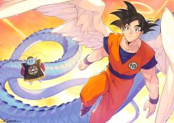 Rule 34 | 2boys, angel wings, antenna hair, arms behind back, black eyes, black hair, blue skin, chinese clothes, colored skin, dougi, dragon ball, dragonball z, feathered wings, floating, halo, highres, kotatsu (g-rough), male focus, multiple boys, muscular, muscular male, north kaiou, pointy ears, smile, snake way, son goku, sunglasses, wings, wristband