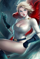 Rule 34 | 1girl, belt, blonde hair, blue eyes, blue gloves, breasts, cape, cleavage, cleavage cutout, clothing cutout, dc comics, female focus, flying, gloves, kryptonian, large breasts, leotard, lips, long sleeves, power girl, red cape, sakimichan, short hair, solo, superman (series)