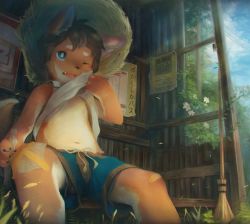 Rule 34 | 1boy, animal ears, black hair, blue eyes, body fur, boxers, bright pupils, broom, child, claws, clothes lift, day, dog ears, dog tail, fang, flower, furry, furry male, grass, hat, highres, male focus, male underwear, navel, one eye closed, open mouth, orange fur, original, outdoors, power lines, shirt lift, short hair, shorts, sign, sitting, solo, spread legs, straw hat, tail, tank top, totatetta, tree, underwear, upshorts, white pupils, white tank top, wiping face