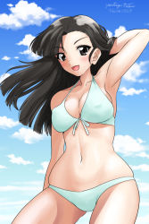 Rule 34 | 1girl, arm behind back, arm behind head, arm up, artist name, asymmetrical bangs, bikini, black eyes, black hair, blue sky, breasts, cleavage, cloud, cloudy sky, commentary, cowboy shot, dated, day, front slit, girls und panzer, large breasts, long hair, looking at viewer, matsui yasutsugu, navel, nishi kinuyo, one-hour drawing challenge, open mouth, outdoors, signature, skindentation, sky, smile, solo, standing, swimsuit, white bikini, wind