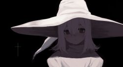 Rule 34 | 1girl, absurdres, black background, blush, closed mouth, cross, expressionless, hair between eyes, hat, highres, large hat, medium hair, mole, mole under eye, original, portrait, red eyes, simple background, solo, white hair, white hat, witch, witch hat, zyuki