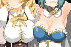 Rule 34 | 10s, 2girls, armpits, arms up, blonde hair, blue hair, blush, bouncing breasts, breast focus, breasts, cape, cleavage, drill hair, head out of frame, large breasts, magical girl, mahou shoujo madoka magica, mahou shoujo madoka magica (anime), miki sayaka, multiple girls, open mouth, shinama, short hair, tomoe mami, twin drills, twintails