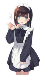 Rule 34 | 1girl, apron, apron grab, black bow, black bowtie, black dress, blunt bangs, blush, bow, bowtie, brown hair, cake, commentary request, cowboy shot, dress, food, fork, frilled apron, frills, fruit, green eyes, hand up, highres, holding, holding fork, long hair, long sleeves, looking at viewer, maid, maid apron, maid headdress, na-ga, open mouth, original, simple background, sleeves past wrists, solo, speech bubble, standing, strawberry, translation request, white background