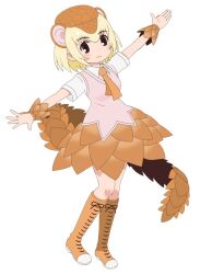 Rule 34 | 1girl, blonde hair, cardigan, giant pangolin (kemono friends), hat, kemono friends, kemono friends 2, looking at viewer, necktie, official art, shirt, short hair, simple background, skirt, solo