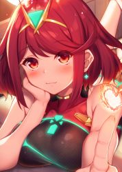 Rule 34 | 1girl, absurdres, bare shoulders, blush, breasts, competition swimsuit, earrings, fire, heart, highres, jewelry, large breasts, looking at viewer, lying, on stomach, one-piece swimsuit, pyra (pro swimmer) (xenoblade), pyra (xenoblade), raiou, red eyes, red hair, short hair, smile, solo, swept bangs, swimsuit, tiara, xenoblade chronicles (series), xenoblade chronicles 2
