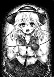 Rule 34 | 1girl, :d, commentary request, greyscale, hat, hat ribbon, highres, komeiji koishi, looking at viewer, medium hair, monochrome, open mouth, ribbon, shirt, skirt, smile, solo, third eye, touhou, washiwa