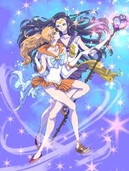 Rule 34 | 2girls, bishoujo senshi sailor moon, black hair, blue background, blue eyes, choker, commentary, earrings, gloves, high heels, holding, holding stick, jewelry, long hair, looking at another, miniskirt, multiple girls, nami (one piece), nico robin, nikoban, one piece, orange choker, orange footwear, orange hair, ponytail, purple background, purple choker, red footwear, sailor neptune, sailor pluto, sailor senshi uniform, sailor uranus, sailor venus, skirt, smile, star (symbol), stick, white gloves