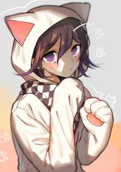 Rule 34 | 1boy, absurdres, animal costume, animal hands, black hair, black scarf, blush, brown background, cat costume, cat paws, checkered clothes, checkered scarf, closed mouth, cosplay, danganronpa (series), danganronpa v3: killing harmony, grey background, hair between eyes, highres, hood, hood up, kigurumi, looking at viewer, luna 11777, male focus, multicolored hair, oma kokichi, paw print, purple eyes, scarf, solo, two-tone hair, upper body, white scarf