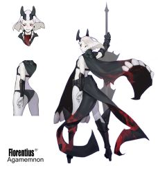 Rule 34 | 1girl, back, back turned, bikini, black bikini, black cape, black horns, blood, blood on clothes, cape, earrings, gauntlets, grey hair, guiguz, highres, holding, holding polearm, holding spear, holding weapon, horns, jewelry, multiple views, original, polearm, red eyes, short hair, simple background, smile, spear, standing, swimsuit, teeth, tight clothes, tongue, vambraces, weapon, white background