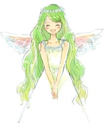 Rule 34 | ^ ^, angel, blue daisy, closed eyes, dress, green hair, long hair, original, own hands together, simple background, solo, standing, sundress, swept bangs, very long hair, wavy hair, white background, wings