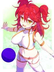 Rule 34 | 00s, 1girl, bad haro, breasts, earrings, freckles, gundam, gundam 00, jewelry, midriff, navel, nena trinity, open mouth, red hair, shorts, solo, thighhighs, two side up, wristband, yellow eyes, yude