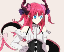 Rule 34 | 1girl, bare shoulders, blue eyes, detached sleeves, dragon horns, dragon tail, dress, eiku, elizabeth bathory (fate), elizabeth bathory (fate/extra ccc), elizabeth bathory (second ascension) (fate), fate/grand order, fate (series), grey background, hair between eyes, halter dress, halterneck, hand on own hip, horns, long hair, long sleeves, looking at viewer, pink hair, pointy ears, purple ribbon, ribbon, solo, tail, two side up, upper body, white sleeves