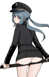 Rule 34 | 1girl, absurdres, ass, black hat, black jacket, black shirt, blue hair, blush, cowboy shot, expressionless, from behind, hat, highres, holding, holding sword, holding weapon, jacket, long hair, looking at viewer, looking back, panties, pantyshot, pleated skirt, portia (gogalking), purple eyes, rusellunt, shirt, simple background, skirt, solo, sword, third-party edit, underwear, weapon, white background