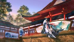 Rule 34 | 1boy, 1girl, androgynous, architecture, black cloak, black footwear, black hair, boots, chinese clothes, clear sky, cloak, cmpovar, day, east asian architecture, engraved, falling leaves, hair bun, half updo, hand up, hanfu, hat, highres, holding, holding scroll, jewelry, kesa, leaf, long hair, long sleeves, monk, on ground, outdoors, painting (object), qinghua (porcelain), reading, robe, scroll, single hair bun, sky, stairs, standing, sunlight, tree, vase, very long hair, white robe, wind, wooden wall, yi meng jianghu