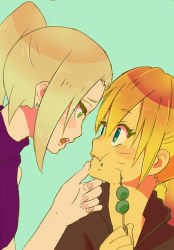 Rule 34 | 2girls, aqua eyes, blonde hair, blue eyes, blush, blush stickers, breasts, chewing, closed mouth, dango, eating, eye contact, facial mark, facing another, food, genderswap, genderswap (mtf), grabbing another&#039;s chin, green eyes, half-closed eyes, hand up, high ponytail, long hair, looking at another, multiple girls, naruko (naruto), naruto, naruto (series), naruto shippuuden, open mouth, ponytail, teeth, twintails, upper body, uzumaki naruto, wagashi, whisker markings, whisker marks, whiskers, wide-eyed, yamanaka ino, yuhka