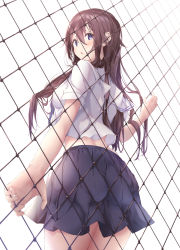Rule 34 | 1girl, :o, absurdres, against fence, ass, ass press, back, backlighting, bad id, bad pixiv id, blue eyes, blush, breasts, brown hair, chain-link fence, fence, from behind, hair between eyes, hand up, highres, holding, long hair, looking at viewer, looking back, midriff, original, pleated skirt, sailor collar, school uniform, serafuku, short sleeves, skirt, solo, standing, ukiwakisen