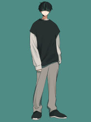 Rule 34 | 1boy, black hair, expressionless, green background, green eyes, green hair, highres, layered sleeves, long sleeves, looking to the side, maco22, male focus, multicolored hair, original, pants, short over long sleeves, short sleeves, sleeves past wrists, solo, streaked hair