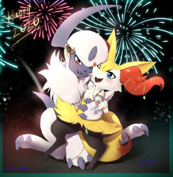 Rule 34 | 1girl, 2020, :3, absol, alcohol, alternate eye color, animal ear fluff, animal ears, animal hands, animal nose, arm around waist, artist name, black fur, blue eyes, blue gemstone, blush, body fur, border, braixen, chain, champagne flute, cheek-to-cheek, claws, creatures (company), crystal, cup, dated, drink, drinking glass, eryz, fangs, female focus, fireworks, flat chest, fox ears, fox girl, fox tail, full body, furry, furry female, game freak, gem, gen 3 pokemon, gen 6 pokemon, gold, green border, hair ornament, happy, happy new year, head tilt, heads together, highres, holding, holding drinking glass, hug, jewelry, leg up, looking at viewer, necklace, new year, night, nintendo, one eye closed, open mouth, outdoors, pokemon, pokemon (creature), red eyes, short hair, signature, sitting, smile, snout, standing, standing on one leg, tail, teeth, twitter username, white fur, white hair, yellow fur