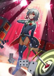 Rule 34 | 1girl, ace (playing card), ace of hearts, blue coat, blue footwear, blue thighhighs, boots, bow, bowtie, braid, card, clubs, coat, coattails, confetti, curtains, dagger, diamond (shape), dutch angle, finger to mouth, fishnet pantyhose, fishnets, flower, fog, full body, gloves, green bow, green bowtie, grey hair, hair ribbon, hat, heart, highres, izayoi sakuya, knife, long sleeves, looking at viewer, magician, one eye closed, pantyhose, playing card, recare, red bow, red eyes, red flower, red rose, ribbon, rose, smile, solo, spade, sparkle, spotlight, table, target, thigh boots, thighhighs, top hat, touhou, tress ribbon, twin braids, weapon, white gloves