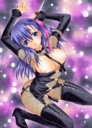 Rule 34 | 1girl, aoi yuuka (ao no kokoro), arms up, breasts, breasts out, collar, elbow gloves, fate/stay night, fate (series), female focus, gloves, kneeling, knife, long hair, looking at viewer, matou sakura, navel, nipples, panties, purple eyes, purple hair, solo, thighhighs, underwear, weapon