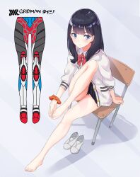 Rule 34 | 1girl, barefoot, black hair, black skirt, blue eyes, bow, bowtie, cardigan, closed mouth, full body, gridman universe, highres, long hair, looking at viewer, pleated skirt, red bow, school uniform, scrunchie, shiitake urimo, shirt, simple background, skirt, solo, ssss.gridman, takarada rikka, white background, white cardigan, white shirt, wrist scrunchie