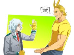Rule 34 | 2boys, all might, alternate costume, alternate universe, black sclera, blue eyes, blue pants, boku no hero academia, closed mouth, colored sclera, from side, grey hair, grey jacket, grin, hair up, jacket, long sleeves, looking at another, multiple boys, muscular, muscular male, necktie, pants, profile, red necktie, school uniform, shigaraki tomura, shirt, short hair, smile, teeth, trevo (trevoshere), u.a. school uniform, white background, yagi toshinori, yellow background, yellow shirt