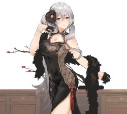 Rule 34 | 1girl, azur lane, bare shoulders, black dress, black flower, black gloves, breasts, china dress, chinese clothes, cleavage, cleavage cutout, clothing cutout, commentary request, cross, desk, drawer, dress, flower, gloves, graf zeppelin (azur lane), hair between eyes, hair bun, hair flower, hair ornament, hand up, iron cross, large breasts, long hair, looking at viewer, neko (ganecooo), parted lips, pelvic curtain, red eyes, shawl, side bun, silver hair, simple background, single hair bun, single side bun, sleeveless, sleeveless dress, solo, tassel, very long hair, white background