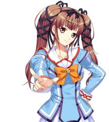 Rule 34 | 1girl, brown hair, hand on own hip, magical canan, pointing, purple eyes, ribbon, school uniform, simple background, smile, solo, terios, transparent background, twintails, yokota mamoru