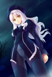 Rule 34 | 00s, 1girl, akamaru, caren hortensia, crotch, crotch seam, fate/hollow ataraxia, fate/stay night, fate (series), hat, layered sleeves, long hair, pantyhose, pussy, solo, thighhighs, white hair, yellow eyes