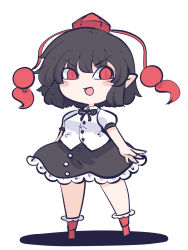 Rule 34 | 1girl, black hair, black skirt, blush stickers, buttons, chahan (fried rice0614), collared shirt, frilled skirt, frills, full body, hat, highres, one-hour drawing challenge, open mouth, pointy ears, pom pom (clothes), puffy short sleeves, puffy sleeves, red eyes, red footwear, red hat, shameimaru aya, shirt, short hair, short sleeves, simple background, skirt, smile, solo, tokin hat, touhou, white background, white shirt