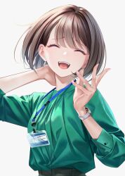 Rule 34 | 1girl, :d, ^ ^, brown hair, closed eyes, commentary request, facing viewer, green shirt, grey background, hand on own neck, highres, id card, lanyard, office lady, open mouth, original, shirt, shirt tucked in, short hair, simple background, smile, solo, sousou (sousouworks), teeth, upper body, upper teeth only, watch, wristwatch