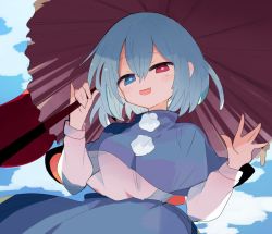 1girl 76gpo blue_capelet blue_eyes blue_hair blue_skirt blue_sky capelet cloud heterochromia karakasa_obake long_sleeves looking_at_viewer pom_pom_(clothes) purple_umbrella red_eyes shirt short_hair skirt sky solo tatara_kogasa tongue tongue_out touhou umbrella white_shirt