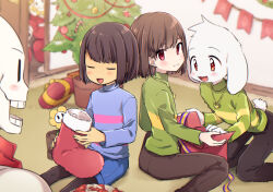 Rule 34 | 2others, 4boys, asgore dreemurr, asriel dreemurr, bent over, black pantyhose, blue shorts, blue sweater, bob cut, brothers, brown hair, brown pants, chara (undertale), christmas, christmas ornaments, christmas present, christmas stocking, christmas tree, closed eyes, closed mouth, denim, denim shorts, door, fangs, fingernails, flower pot, flowey (undertale), food, frisk (undertale), furry, furry male, gift, gift bag, goat boy, green sweater, hair behind ear, hat, heart, heart necklace, holding, holding gift, indoors, jewelry, leftporygon, looking at another, looking at viewer, looking back, meatball, multiple boys, multiple others, necklace, on floor, open door, open mouth, orange eyes, pajamas, pants, pantyhose, papyrus (undertale), pasta, pink sweater, red eyes, red pajamas, sans (undertale), santa hat, short hair, shorts, siblings, sitting, skeleton, skin fangs, smile, spaghetti, spaghetti and meatballs, striped clothes, striped sweater, sweater, teeth, turtleneck, turtleneck sweater, undertale, wariza, white fur, white tail, yellow sweater
