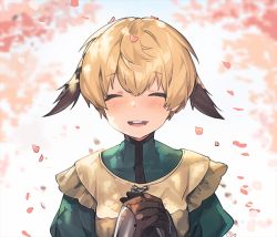 Rule 34 | 1girl, blonde hair, blush, cherry blossoms, closed eyes, fate/grand order, fate (series), gareth (fate), gloves, hair flaps, nagu, own hands together, petals, portrait, short hair, smile, solo
