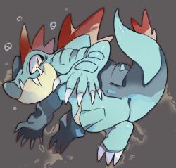 Rule 34 | akadako, animal focus, bags under eyes, bubble, claws, closed mouth, creatures (company), fangs, fangs out, feraligatr, from side, full body, game freak, gen 2 pokemon, grey background, grey outline, looking to the side, nintendo, no humans, one-hour drawing challenge, pokemon, pokemon (creature), slit pupils, solo, underwater, yellow eyes