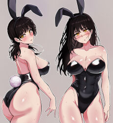Rule 34 | 2girls, absurdres, animal ears, arm behind back, ass, black hair, black leotard, blush, breasts, brown background, chainsaw man, cleavage, collarbone, commentary, contrapposto, covered navel, cowboy shot, english commentary, fake animal ears, fake tail, highres, korean commentary, large breasts, leotard, looking to the side, low twintails, mitaka asa, mixed-language commentary, mole, mole on breast, multiple girls, paid reward available, playboy bunny, rabbit ears, rabbit tail, ringed eyes, rolling eyes, scar, scar on face, shiny skin, sideboob, simple background, siribang1215, strapless, strapless leotard, sweat, tail, twintails, yellow eyes, yoru (chainsaw man)