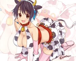 Rule 34 | 1girl, all fours, animal ears, animal print, arm warmers, bare shoulders, bell, belt, belt collar, blush, boots, breasts, brown eyes, brown hair, collar, collarbone, cow ears, cow horns, cow print, cow tail, cowbell, crop top, cropped shirt, dot nose, elbow gloves, fake animal ears, fake horns, fake tail, gloves, headset, horns, idolmaster, idolmaster cinderella girls, idolmaster cinderella girls starlight stage, large breasts, layered skirt, leg warmers, looking at viewer, neck bell, oikawa shizuku, open mouth, pink footwear, pink gloves, print shirt, print skirt, red belt, shirt, short hair, skirt, sleeveless, sleeveless shirt, smile, solo, tail, tayu (yuntayu), thigh boots, twitter username, zoom layer