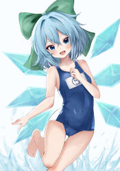 Rule 34 | 1girl, atory, barefoot, blue eyes, blue hair, blue one-piece swimsuit, bow, circled 9, cirno, collarbone, crossed bangs, green bow, hair between eyes, hair bow, highres, ice, ice wings, large bow, looking at viewer, one-piece swimsuit, school swimsuit, smile, solo, standing, standing on one leg, swimsuit, touhou, white background, wings