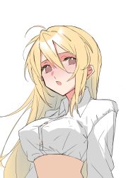 Rule 34 | 1girl, ahoge, bai chenxiang (douluo dalu), blonde hair, blush, breasts, buttons, collared shirt, covered erect nipples, douluo dalu, grey eyes, highres, long hair, long sleeves, medium breasts, open mouth, shirt, solo, upper body, white background