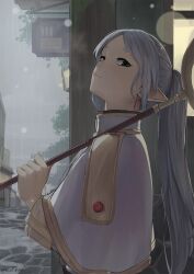 Rule 34 | 1girl, capelet, cobblestone, dangle earrings, dated, earrings, frieren, green eyes, highres, holding, holding staff, jewelry, long hair, looking at viewer, looking to the side, outdoors, parted bangs, pointy ears, rain, road, rurikon, solo, sousou no frieren, staff, street, twintails, twitter username, white capelet, white hair