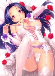 Rule 34 | 1girl, ahoge, bow, breasts, breasts out, cameltoe, corset, elbow gloves, female focus, flower, garter belt, gloves, highres, idolmaster, idolmaster (classic), large breasts, lingerie, long hair, looking at viewer, lying, miura azusa, navel, nekomata naomi, nipples, nude, on back, open mouth, panties, puffy nipples, purple hair, red eyes, rose, side-tie panties, solo, thighhighs, underwear