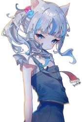 Rule 34 | 1girl, absurdres, animal ears, blue eyes, blue hair, cat ears, full burrrrrrst, gawr gura, gawr gura (casual), highres, hololive, hololive english, looking at viewer, multicolored hair, official alternate costume, open mouth, silver hair, streaked hair, virtual youtuber