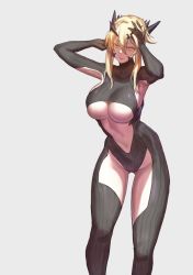 Rule 34 | 1girl, armpits, artoria pendragon (fate), artoria pendragon (lancer alter) (fate), blonde hair, bodysuit, breasts, colored eyelashes, cowboy shot, emoshon, fate/grand order, fate/stay night, fate (series), grey background, hair between eyes, hand in own hair, highres, large breasts, looking at viewer, short hair, simple background, solo, standing, stomach, underboob, yellow eyes