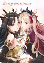 Rule 34 | 2girls, antlers, armlet, artist name, bare shoulders, between breasts, bkko, black hair, black nails, blonde hair, blush, breast press, breasts, bridal gauntlets, bustier, cape, chain, cheek-to-cheek, christmas, crown, earrings, ereshkigal (fate), fake antlers, fate/grand order, fate (series), fawn, from side, gold, heads together, highres, hoop earrings, horns, ishtar (fate), jewelry, large breasts, looking at viewer, merry christmas, multiple girls, nail polish, necklace, one eye closed, parted bangs, red cape, red eyes, reindeer antlers, smile, strapless, symmetrical docking, two side up, upper body