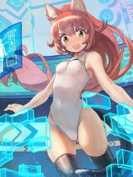Rule 34 | 10s, 1girl, animal ears, armpits, black thighhighs, breasts, cat ears, cat tail, commentary request, covered navel, gluteal fold, green eyes, greentanuki, groin, gundam, gundam build divers, highleg, highleg leotard, highres, holographic monitor, leotard, long hair, momo (gundam build divers), open mouth, outstretched arms, pink hair, ponytail, skindentation, small breasts, solo, tail, tears, thighhighs, thighs, very long hair, white leotard, yashiro momoka