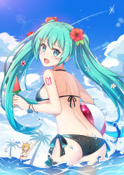 Rule 34 | &gt; &lt;, 2girls, absurdres, aqua eyes, aqua hair, arm up, ball, beachball, bikini, black bikini, blonde hair, blush, bracelet, breasts, cloud, contrail, day, flower, food, from behind, hair flower, hair ornament, hatsune miku, highres, jewelry, kagamine rin, lens flare, long hair, looking at viewer, looking back, medium breasts, multiple girls, open mouth, outdoors, popsicle, red plate (kyuu45), side-tie bikini bottom, sky, solo focus, swimsuit, twintails, very long hair, vocaloid, wading, water, watermelon bar, wet