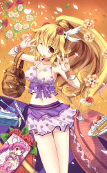 Rule 34 | 10s, 1girl, :d, bag, blonde hair, bow, cake, cure happy, double v, drink, drinking straw, flower, food, fork, fruit, hair ornament, handbag, heart, highres, hoshi no gen, hoshizora miyuki, kise yayoi, knife, long hair, nail polish, navel, no nose, one eye closed, open mouth, petals, pink bow, ponytail, precure, purple bow, purple eyes, purple hair, red rose, rose, skirt, smile, smile precure!, solo, spoon, strawberry, v, wink, yellow eyes