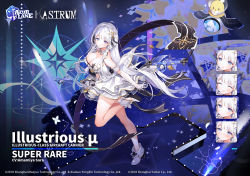 Rule 34 | 1girl, aircraft, ankle boots, azur lane, bare shoulders, blue eyes, blush, boots, breasts, byulzzi, cleavage, commentary, copyright name, dress, elbow gloves, expressions, flight deck, gloves, hair ornament, hair ribbon, hat, idol, illustrious (azur lane), illustrious (muse) (azur lane), knee up, large breasts, leg up, long hair, looking at viewer, manjuu (azur lane), mole, mole under eye, official alternate costume, official art, ribbon, rigging, smile, solo, standing, standing on one leg, very long hair, white dress, white footwear, white gloves, white hair